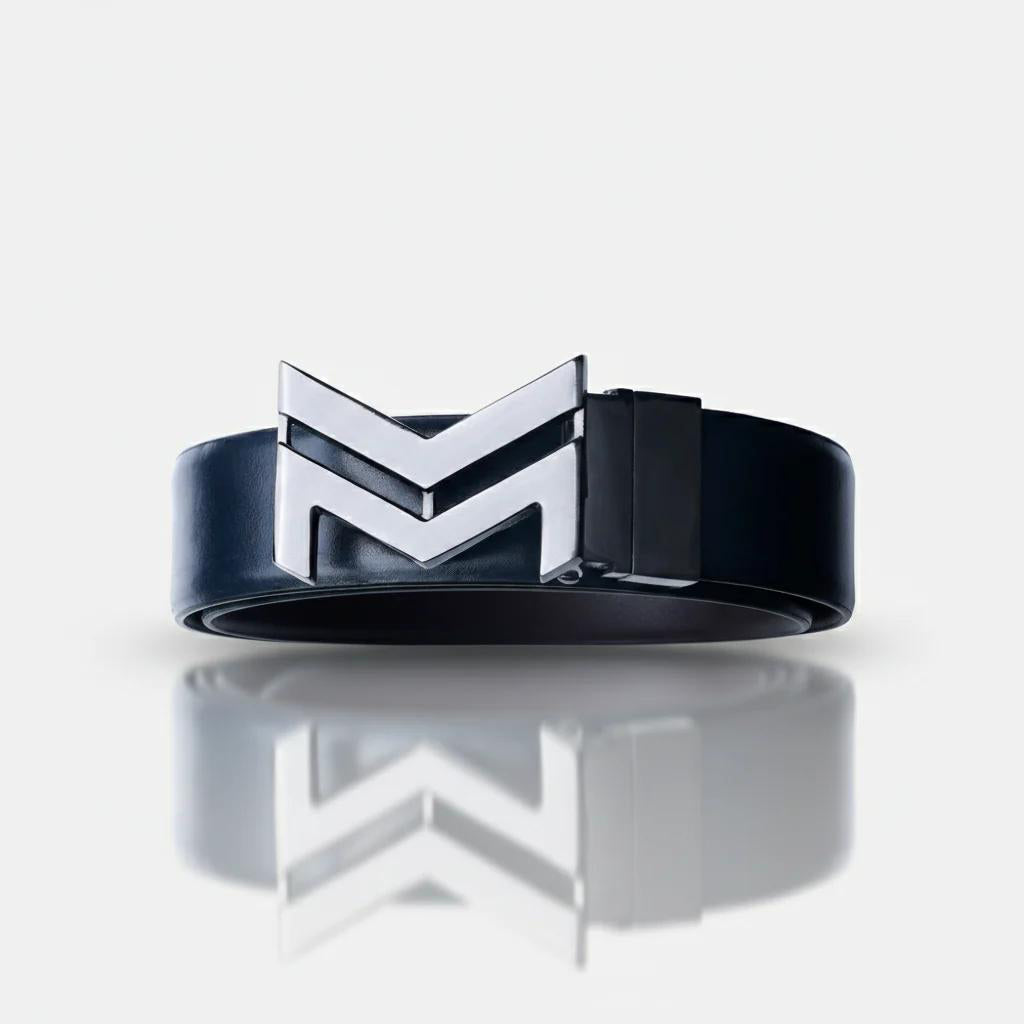 GLOSSY BLACK LOGO BUCKLE BLUE & DARK BROWN BELT