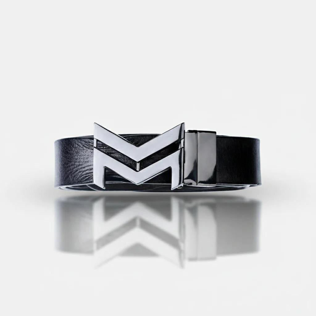 GLOSSY BLACK LOGO BUCKLE HAMMERED GREY BELT