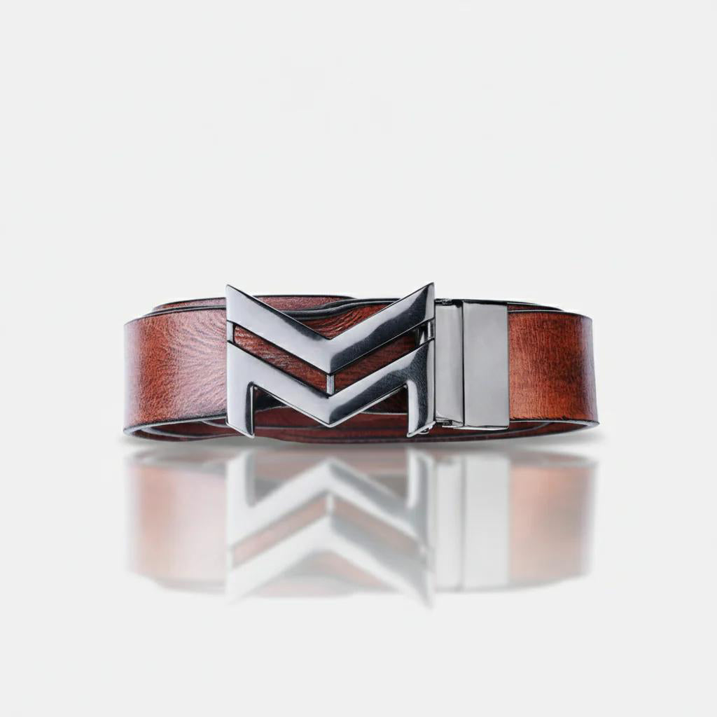 GLOSSY BLACK LOGO BUCKLE HAMMERED TAN BELT