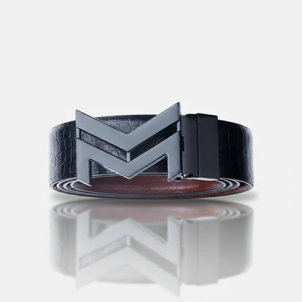 MATTE BLACK LOGO BUCKLE CROCO LIGHT BROWN & BLACK BELT