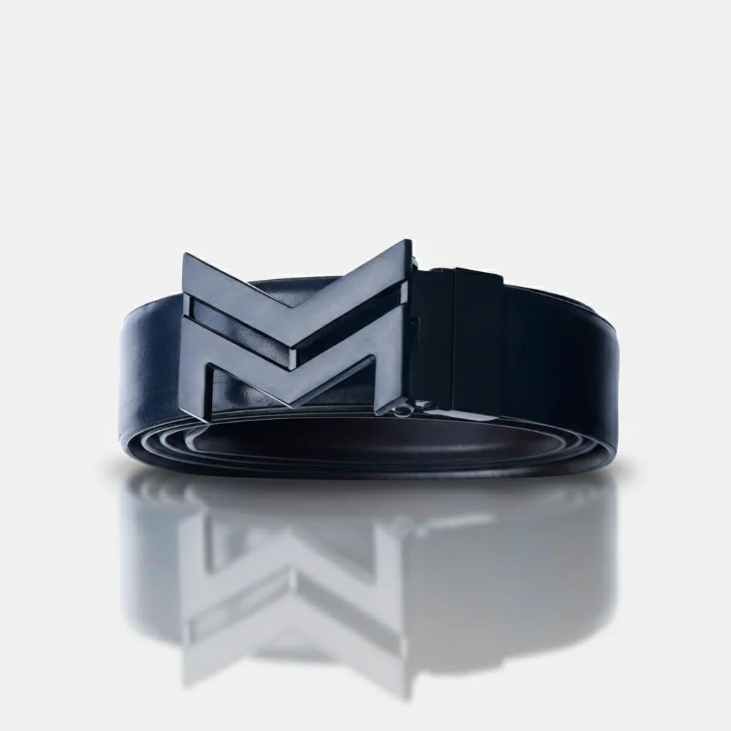 MATTE BLACK LOGO BUCKLE BLUE & DARK BROWN BELT