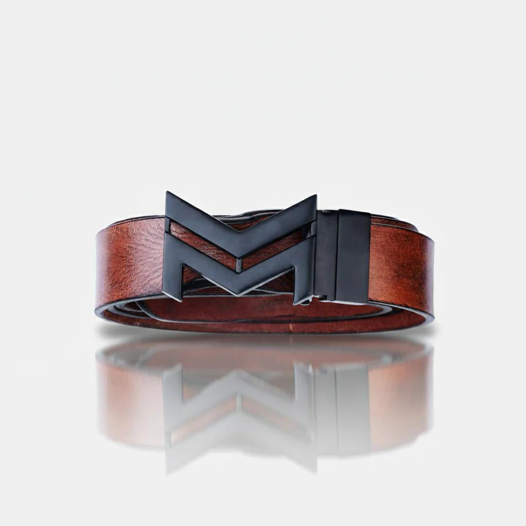 MATTE BLACK LOGO BUCKLE HAMMERED TAN BELT