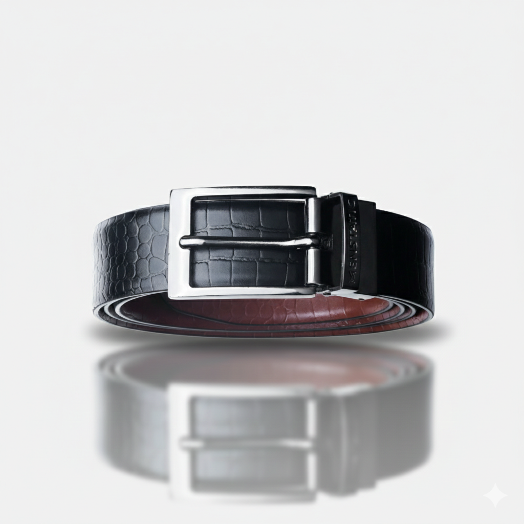 GLOSSY BLACK PLAIN BUCKLE CROCO LIGHT BROWN & BLACK BELT