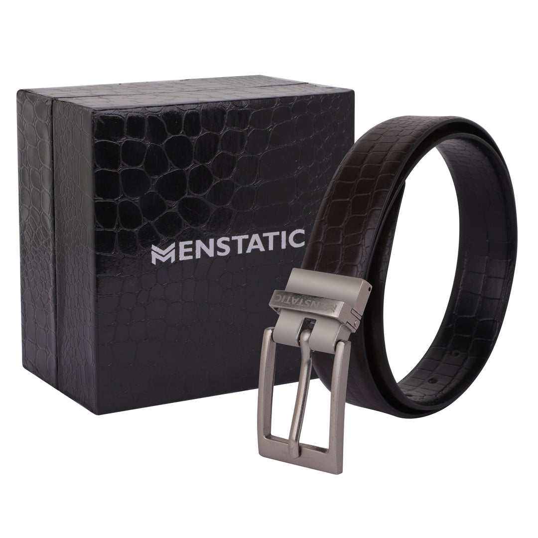 SILVER PLAIN BUCKLE CROCO DARK BROWN & BLACK BELT