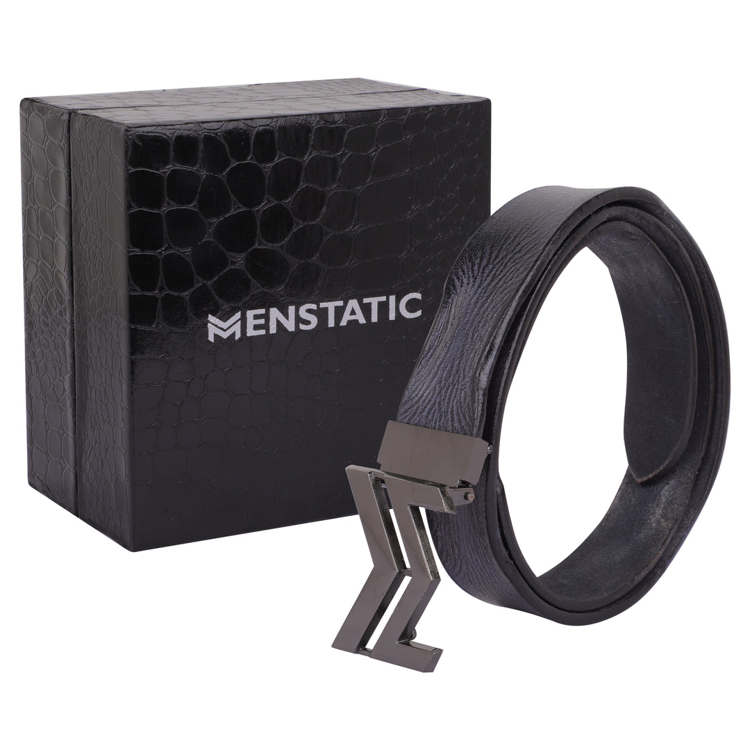 BLACK LOGO BUCKLE HAMMERED BLUE BELT