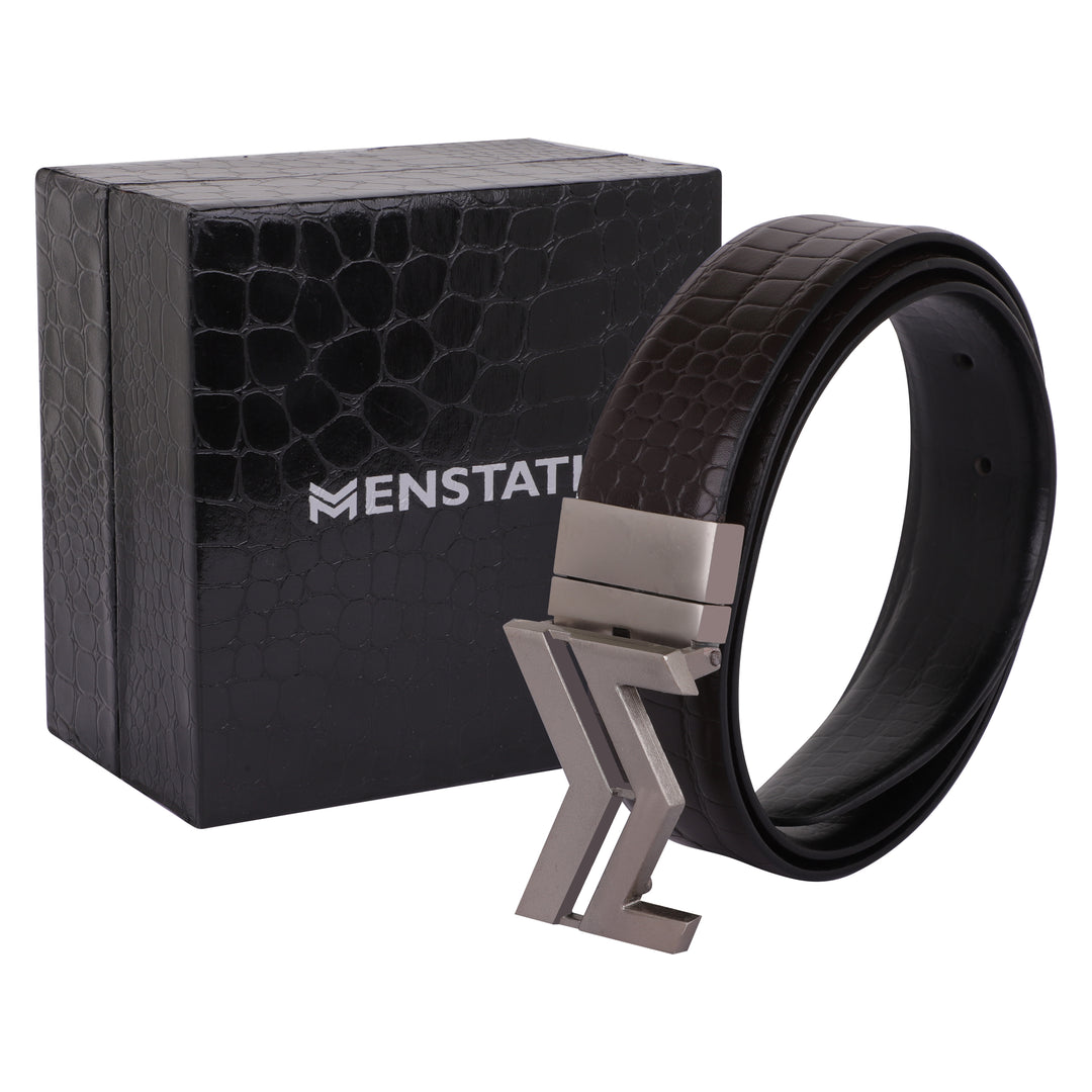 SILVER LOGO BUCKLE CROCO DARK BROWN & BLACK BELT